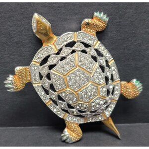 Vintage Coro Silver & Gold Tone w/ Clear Rhinestones Turtle Brooch Pin! 31